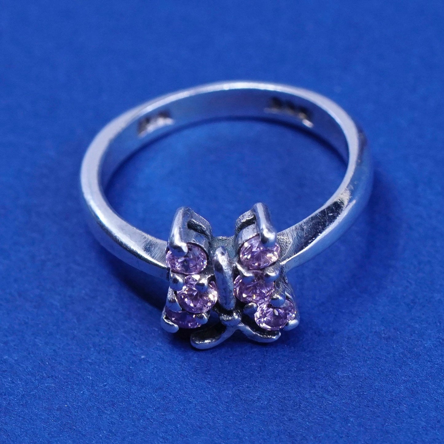 Size 3, vtg Sterling silver engagement ring, 925 band with pink cz butterfly
