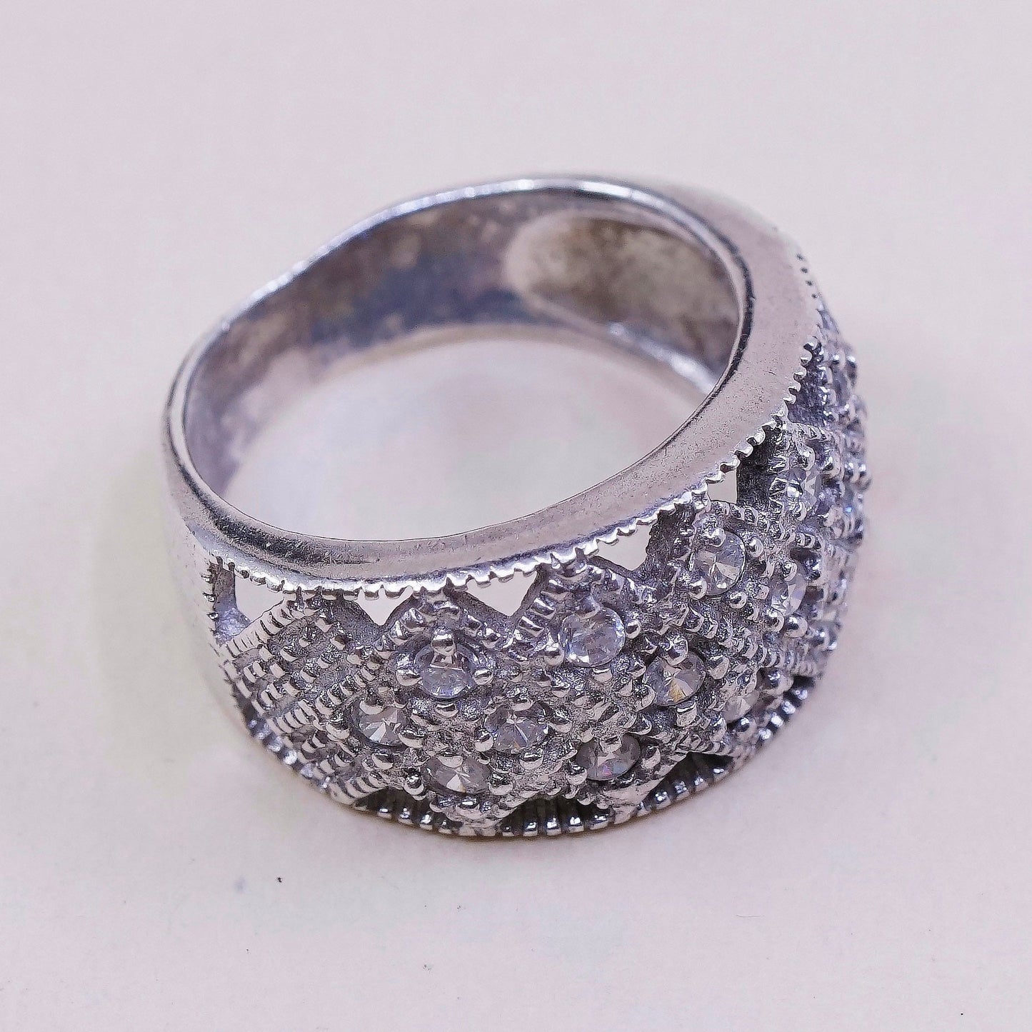 Size 6.75, vintage Sterling silver engagement ring, 925 band with cluster Cz