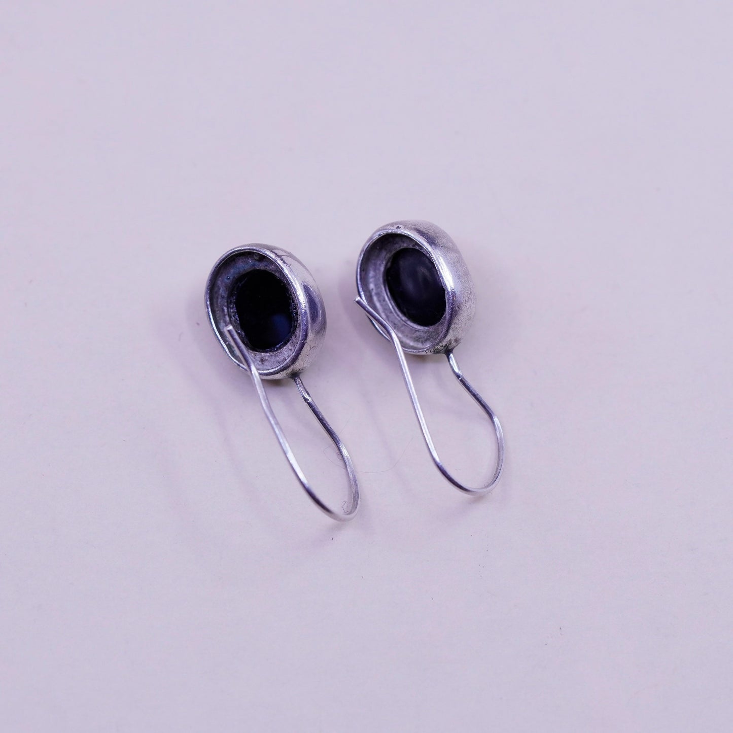 Vintage Sterling 925 silver handmade earrings with oval obsidian drops, elegant