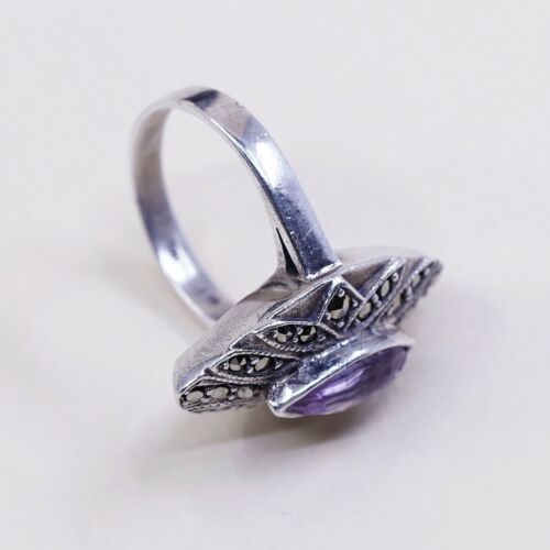 Sz 6.25, Vtg Sterling Silver handmade Ring, 925 W/ Marquise amethyst n marcasite
