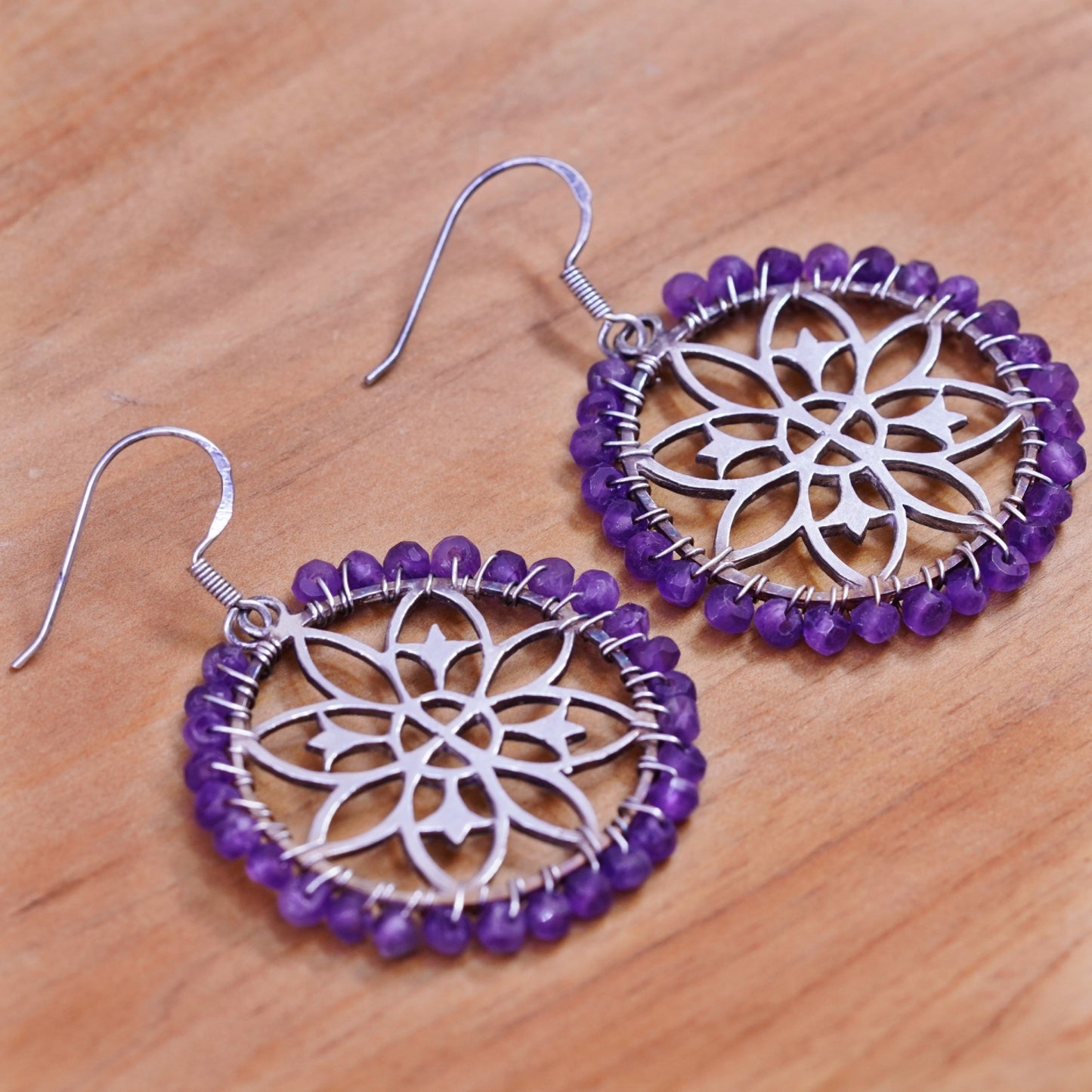 Sterling silver handmade earrings, 925 swirl flower dangles cluster amethyst