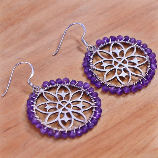 Sterling silver handmade earrings, 925 swirl flower dangles cluster amethyst