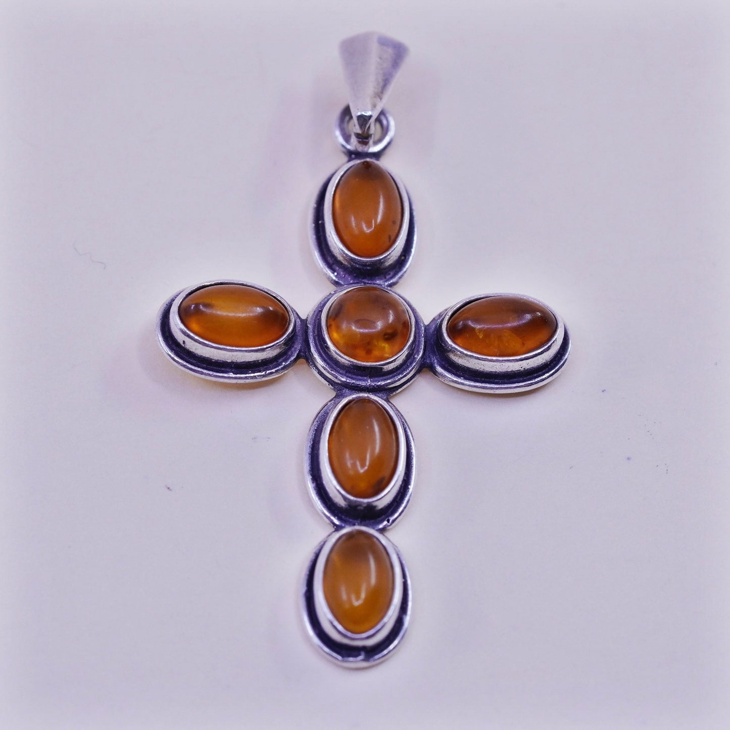 Vintage sterling 925 silver handmade cross pendant with amber
