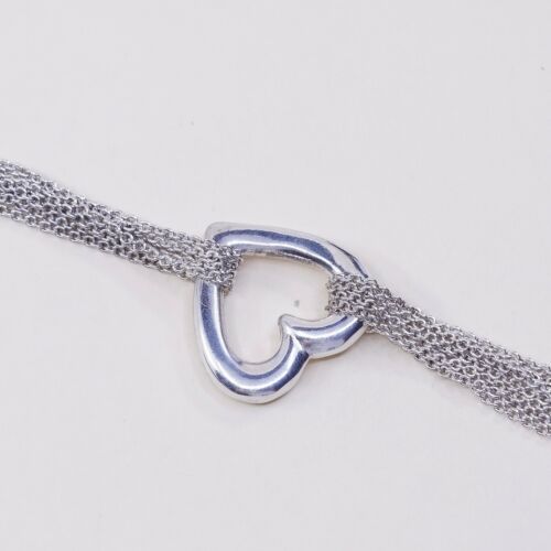7”, Vtg Sterling Silver Bracelet Multi Strands 925 Circle Chain W/ Heart Charm