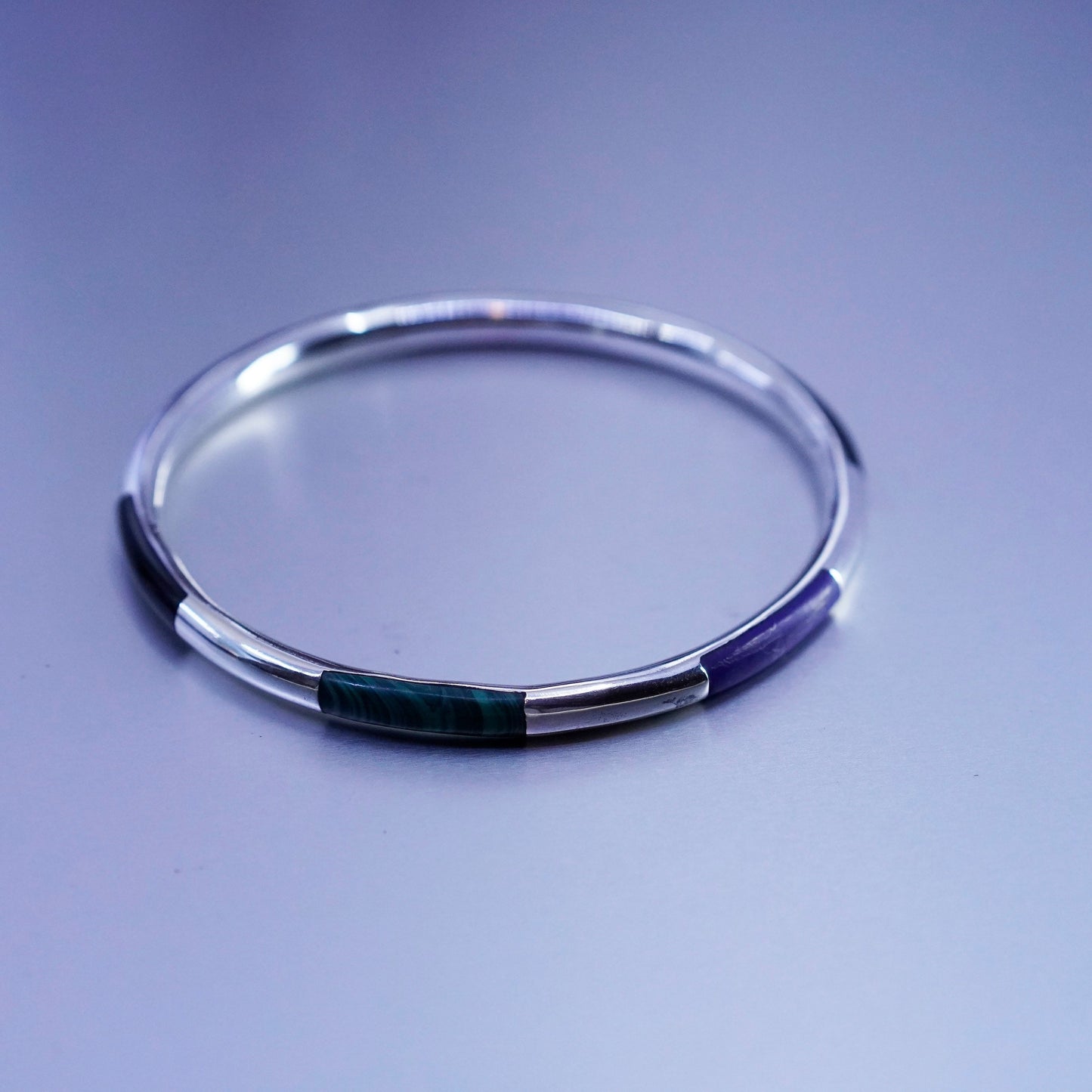 8”, Vintage Sterling 925 silver handmade bracelet, bangle with malachite onyx