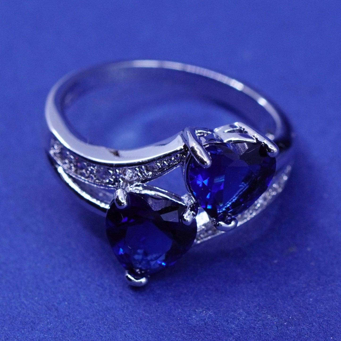 Size 6.25, Sterling 925 silver engagement ring with sapphire heart cluster Cz