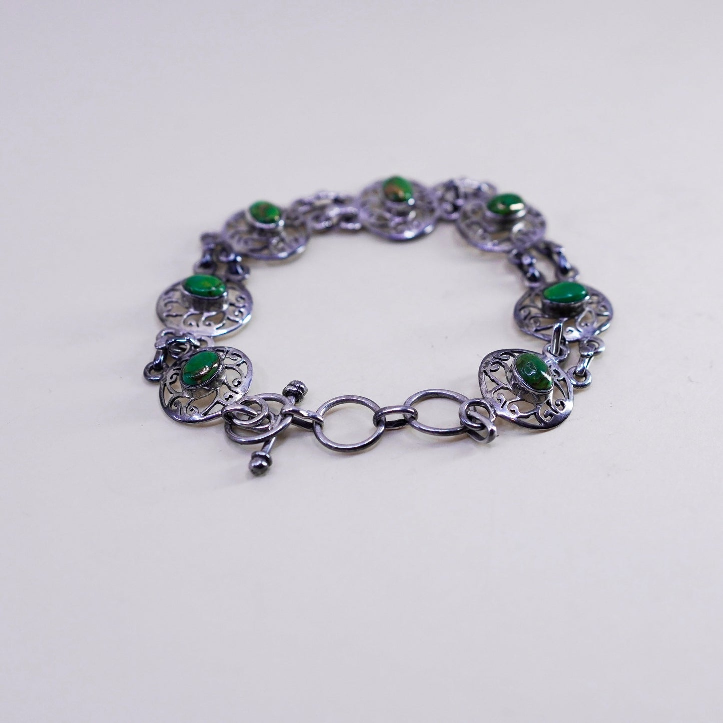 7+1.5”, Sterling silver handmade bracelet, 925 disc Carico Lake turquoise