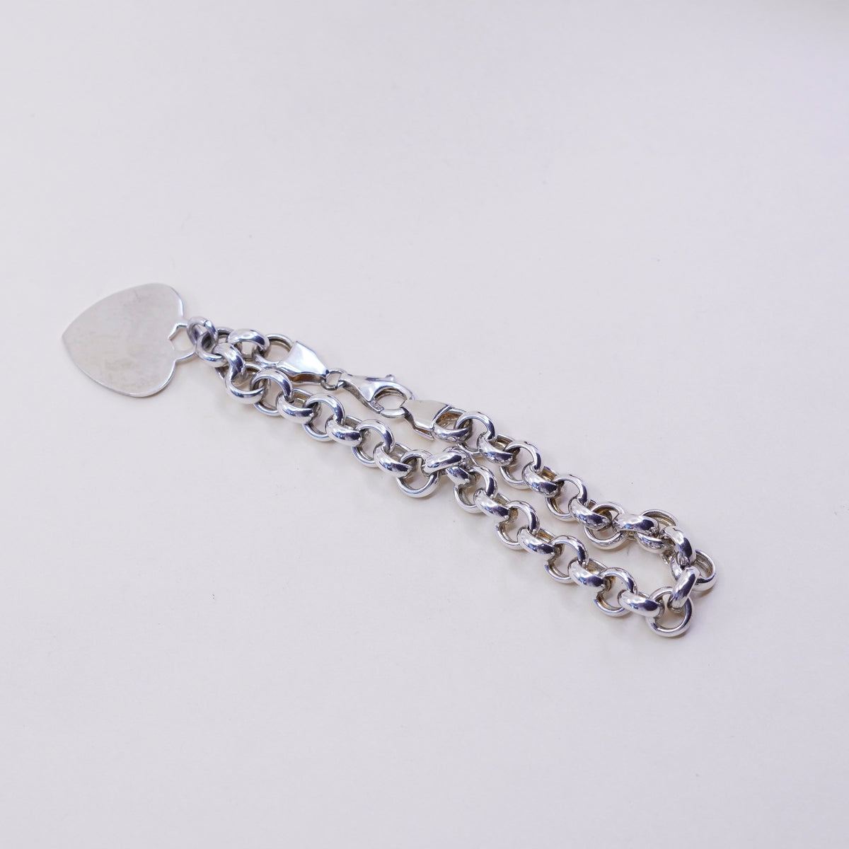 7.25" vtg Italy sterling silver circle bracelet, bold circle chain heart charm