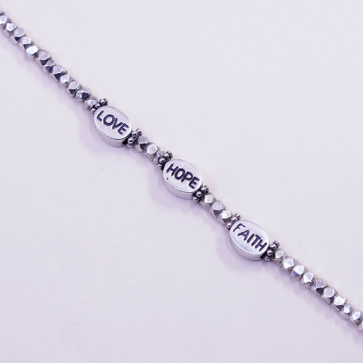 7”, sterling silver handmade bracelet, nugget 925 beads with “love hope faith