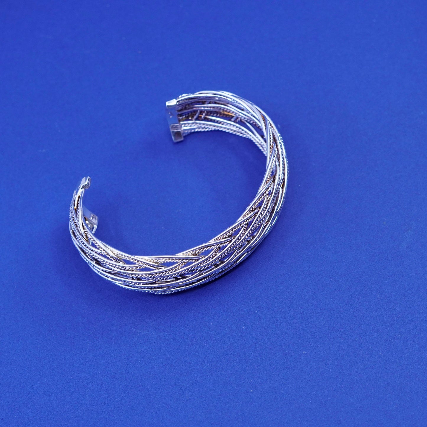 7”, vtg sterling silver handmade bracelet, wide 925 silver braided woven cuff