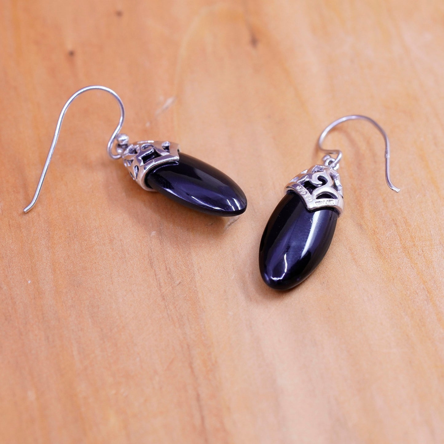 Vintage Sterling 925 silver handmade earrings with obsidian dangles