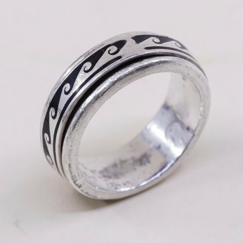 Sz 8.5, Vtg Sterling Silver Handmade Ring, 925 Spinner Band W/ Wavy Pattern