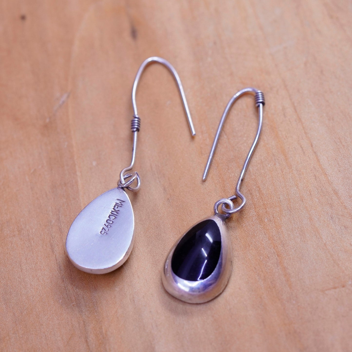 Vintage Sterling 925 silver handmade earrings with teardrop obsidian inlay