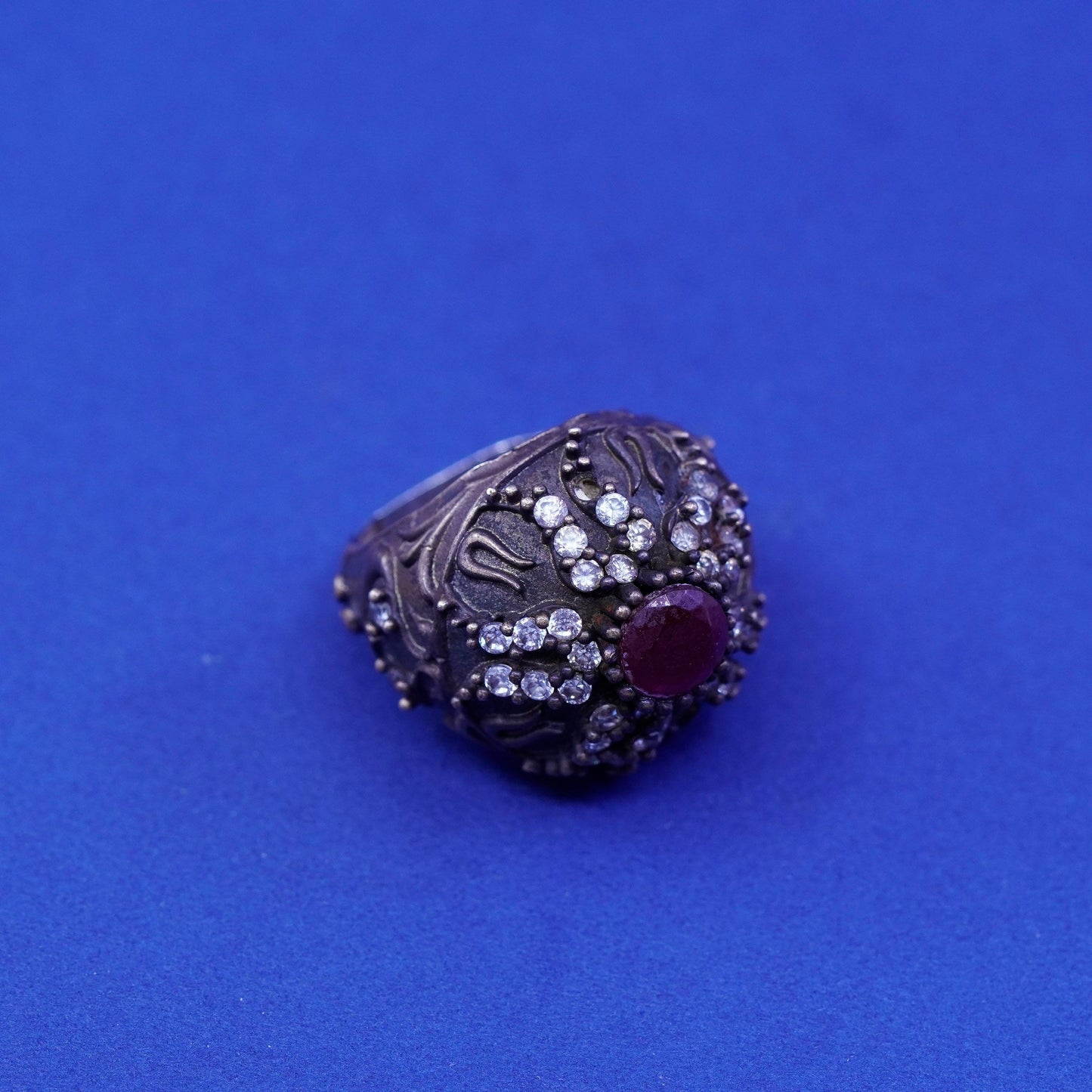 Size 6.25, vintage Sterling 925 silver handmade crown Statement ring ruby Cz