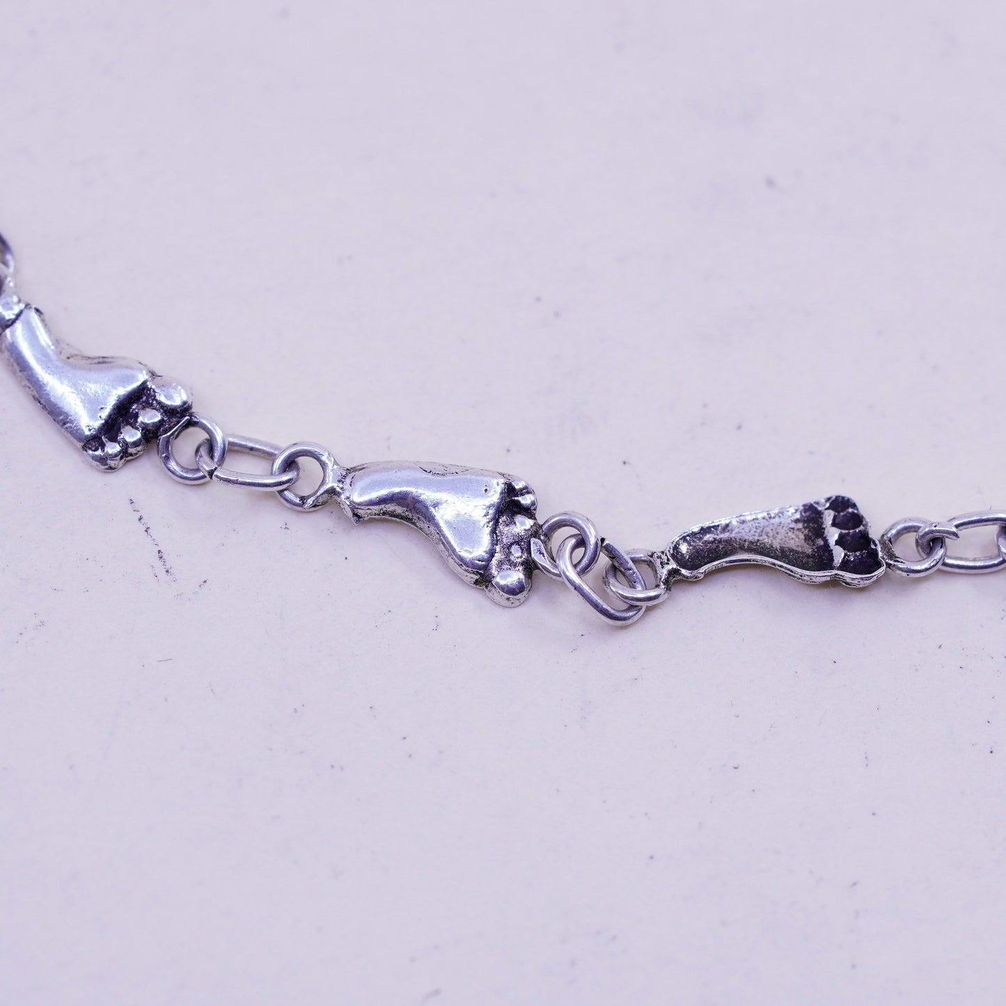 11”, vtg Italy sterling silver handmade anklet bracelet, 925 footprint chain