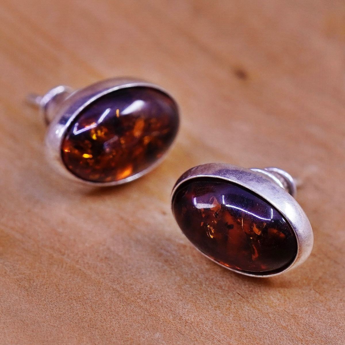 Vintage Sterling 925 silver handmade studs earrings with amber inlay