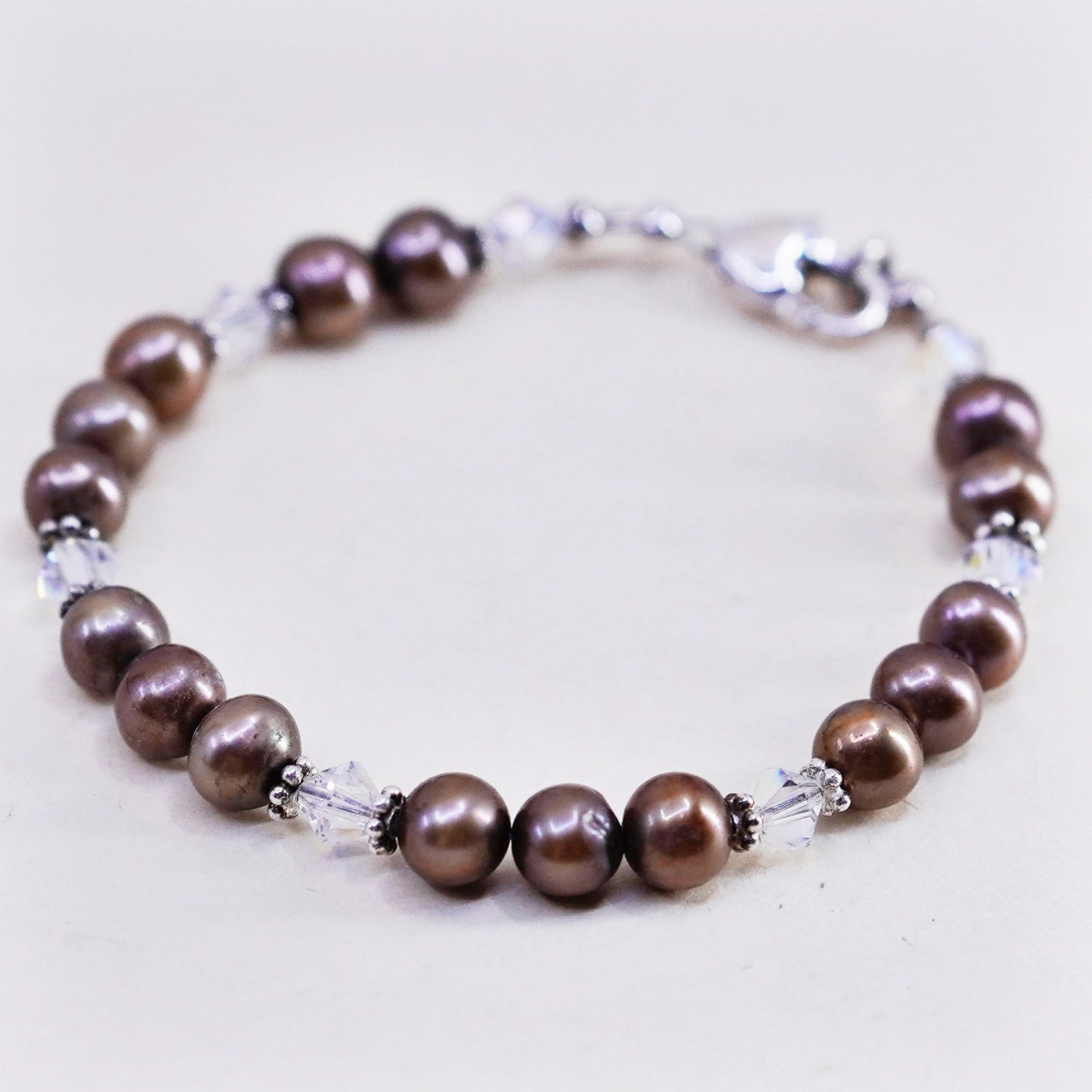 6.5”, Sterling 925 silver handmade bracelet, golden pearl with crystal beads