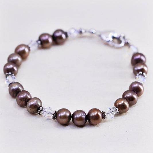 6.5”, Sterling 925 silver handmade bracelet, golden pearl with crystal beads