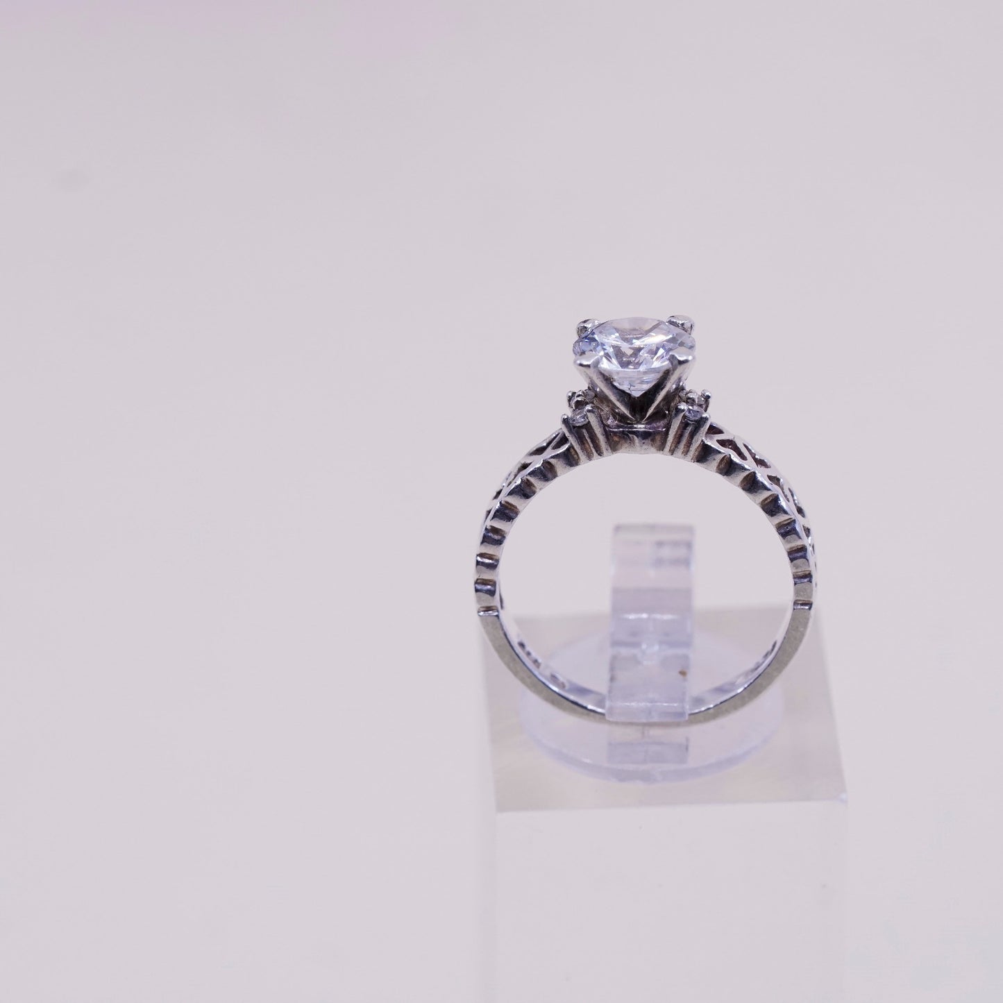 Size 6, vtg handmade Sterling 925 silver Statement ring w/ round Cz and heart