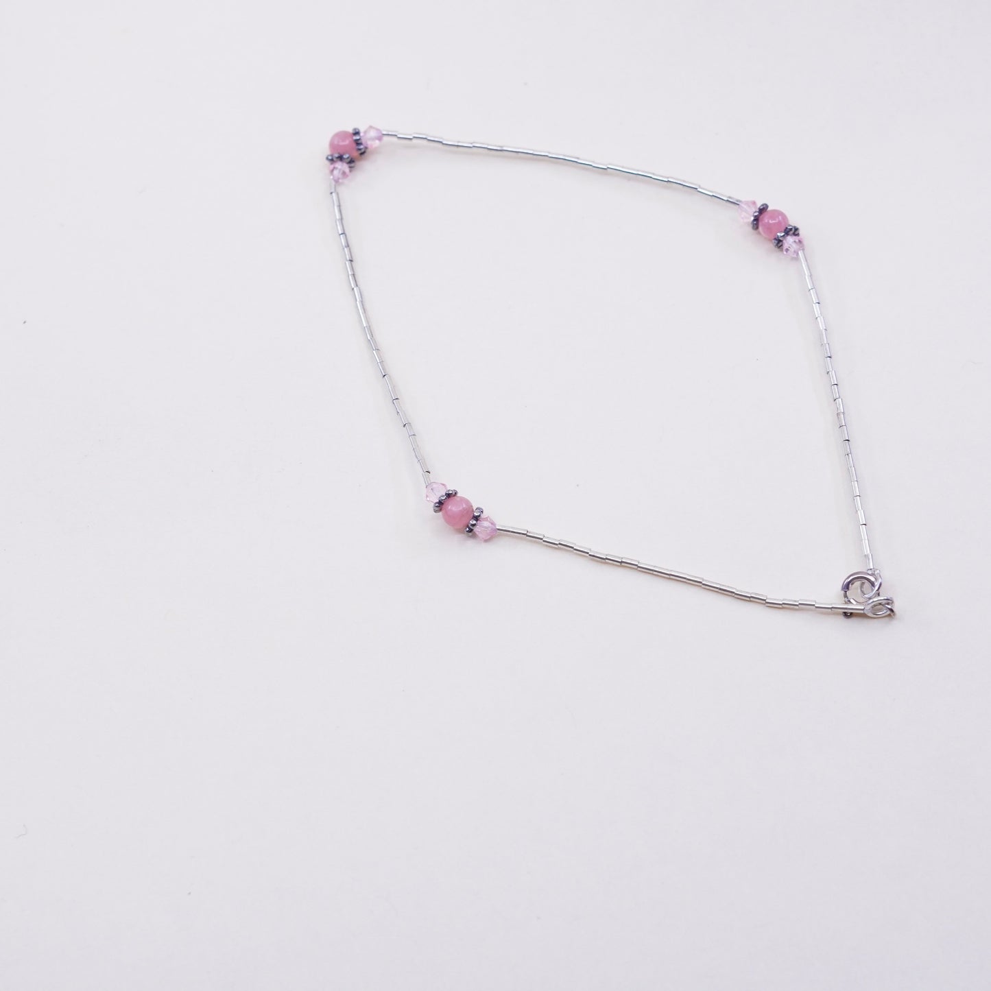 9.75”, sterling silver handmade bracelet anklet, 925 liquid chain crystal beads