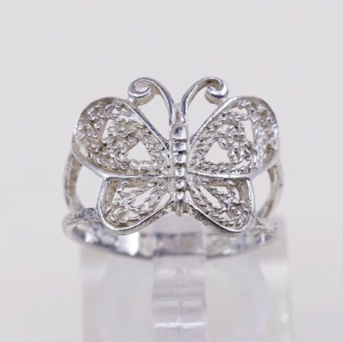 Size 6.75, Vtg Sterling Silver Handmade Ring, 925 Band W/ Filigree Butterfly