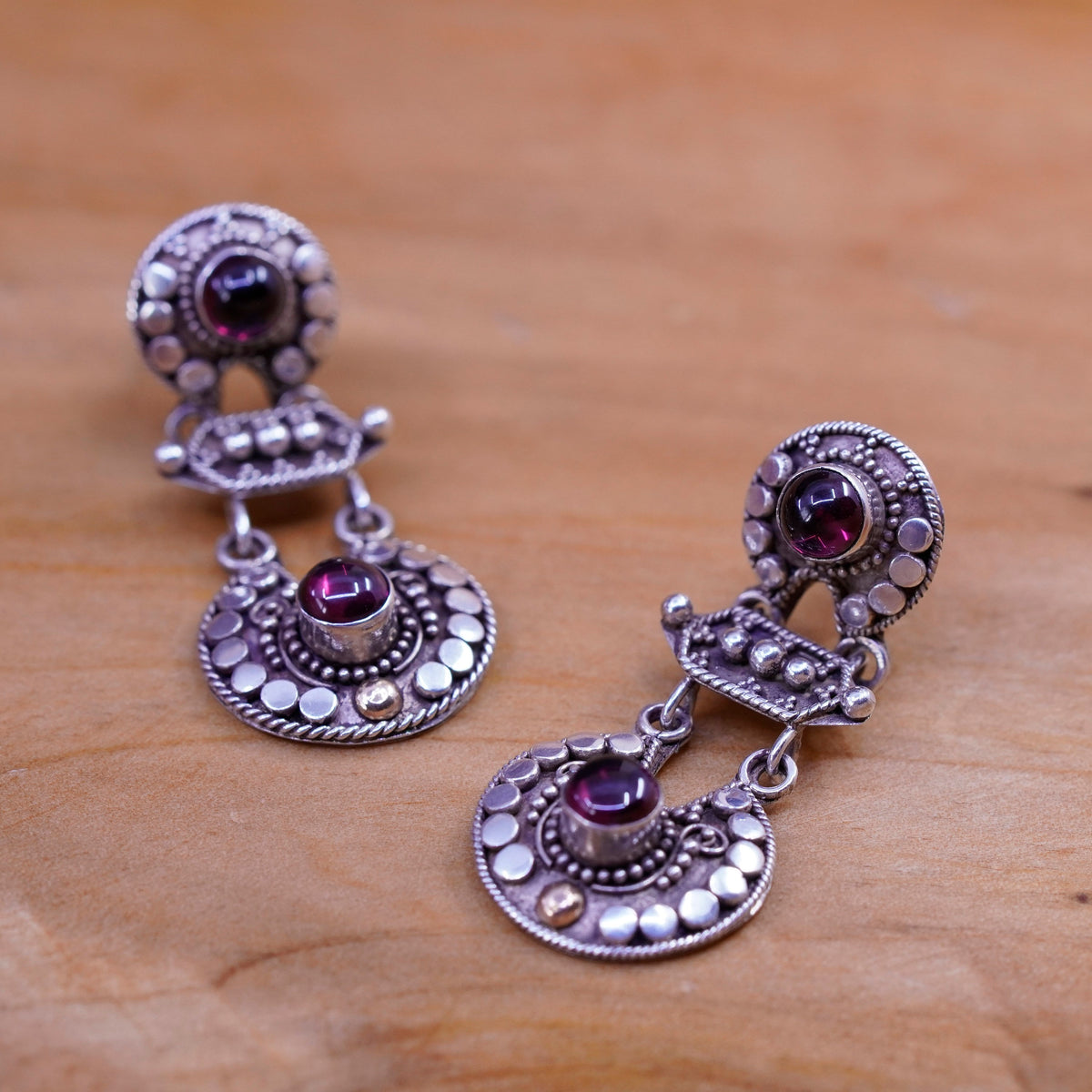 Two tone handmade sterling 925 silver earrings with 14K accent and garnet beads
