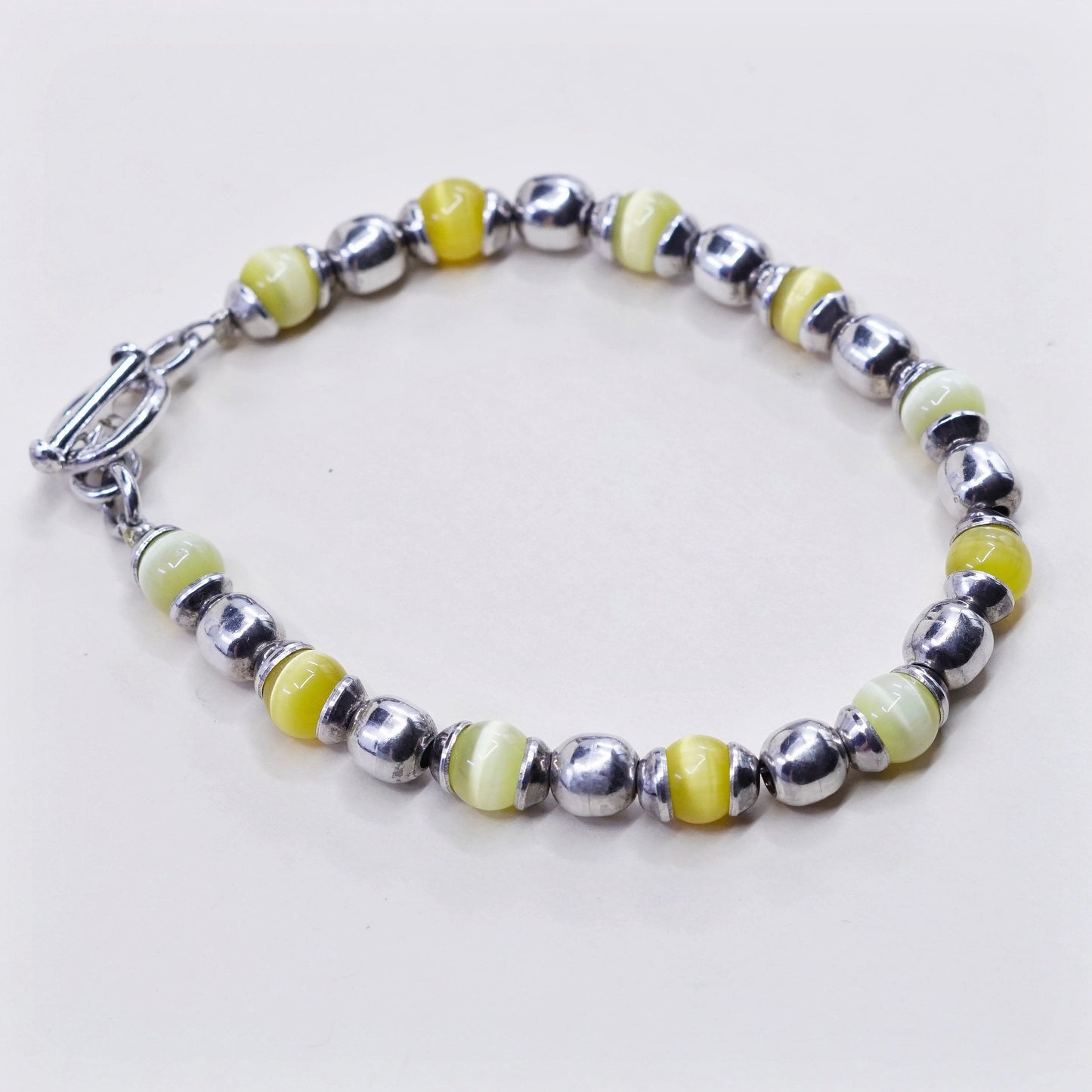 6.5”, vtg sterling 925 silver handmade bracelet, yellow tiger eye beads