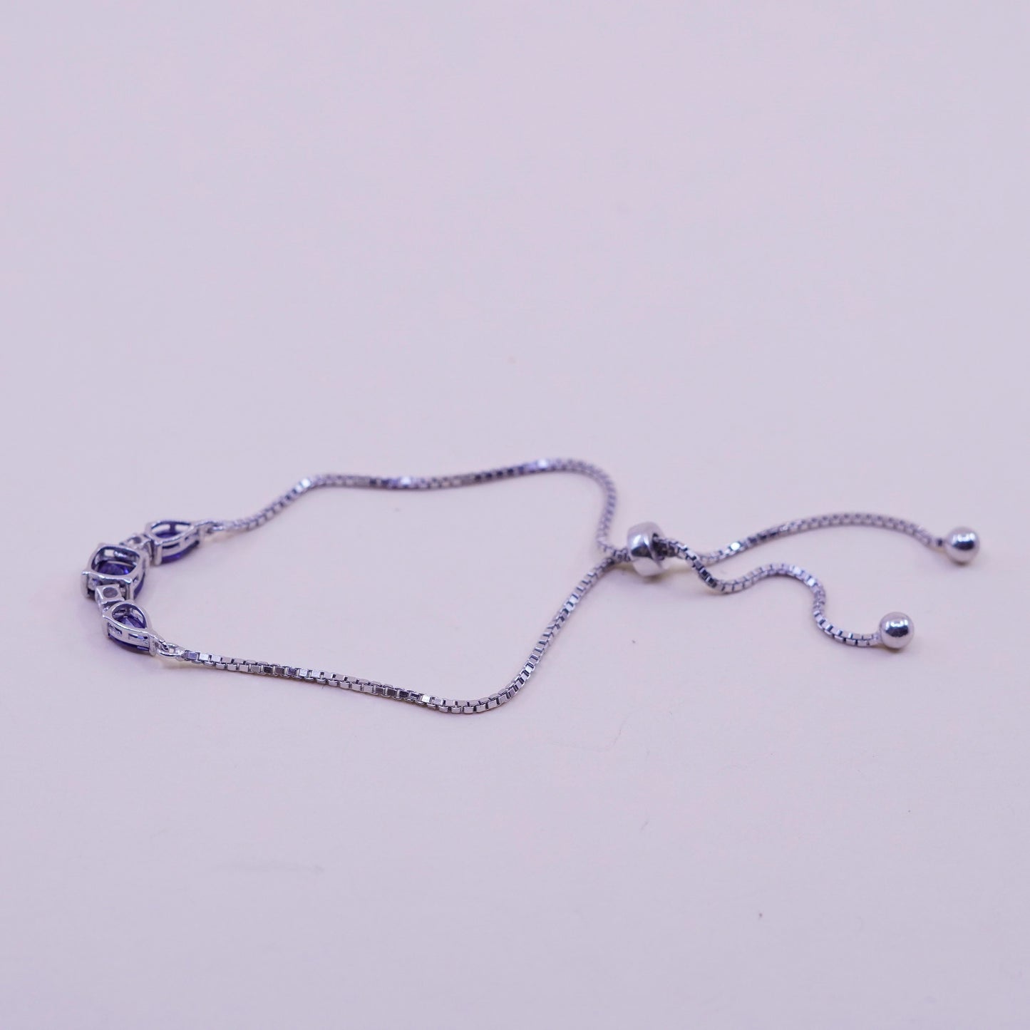 Size adjustable, Vintage sterling silver bracelet, 925 box chain with amethyst