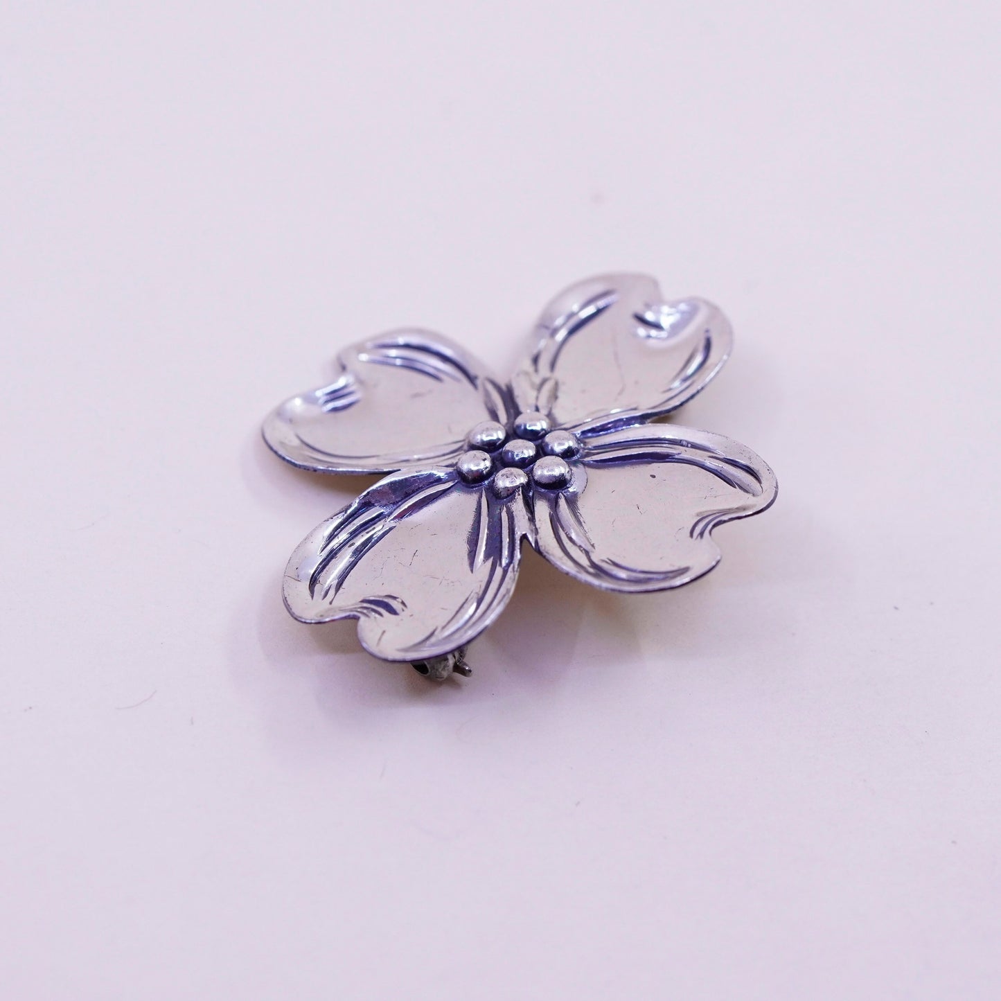 Vintage sterling silver dogwood flower shaped brooch, 925 pin