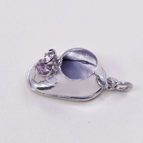 Vtg Beau Sterling Silver Handmade Pendant, 925 silver Shoe W/ Pink Heart Cz