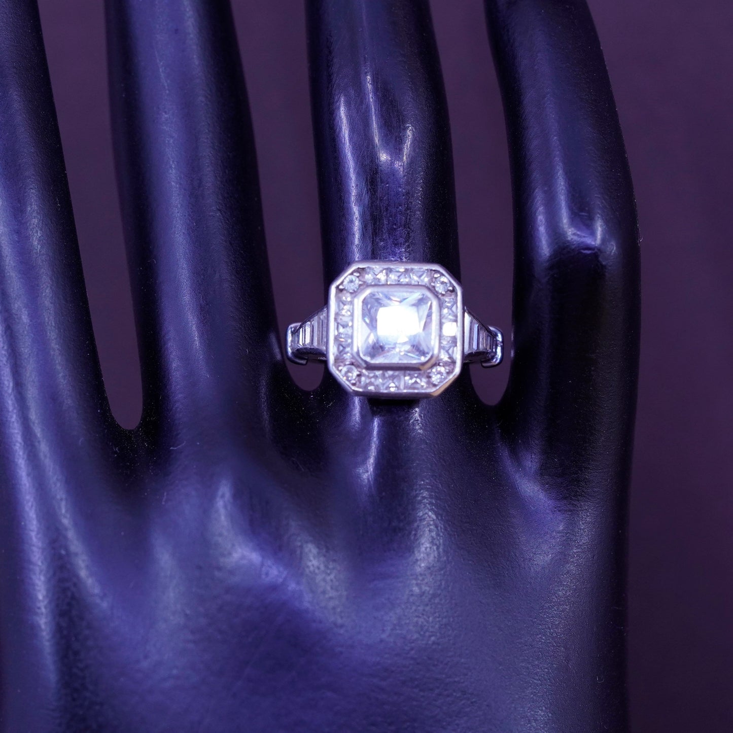Size 7, vintage Sterling 925 silver engagement ring with cluster cz