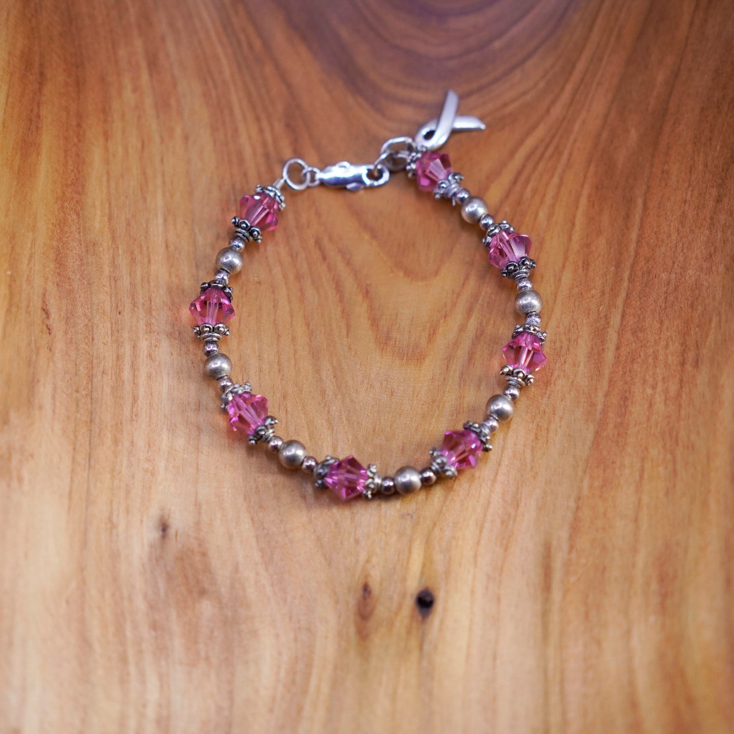 6.75”, Sterling silver bracelet, 925 beads crystal breast cancer ribbon charm