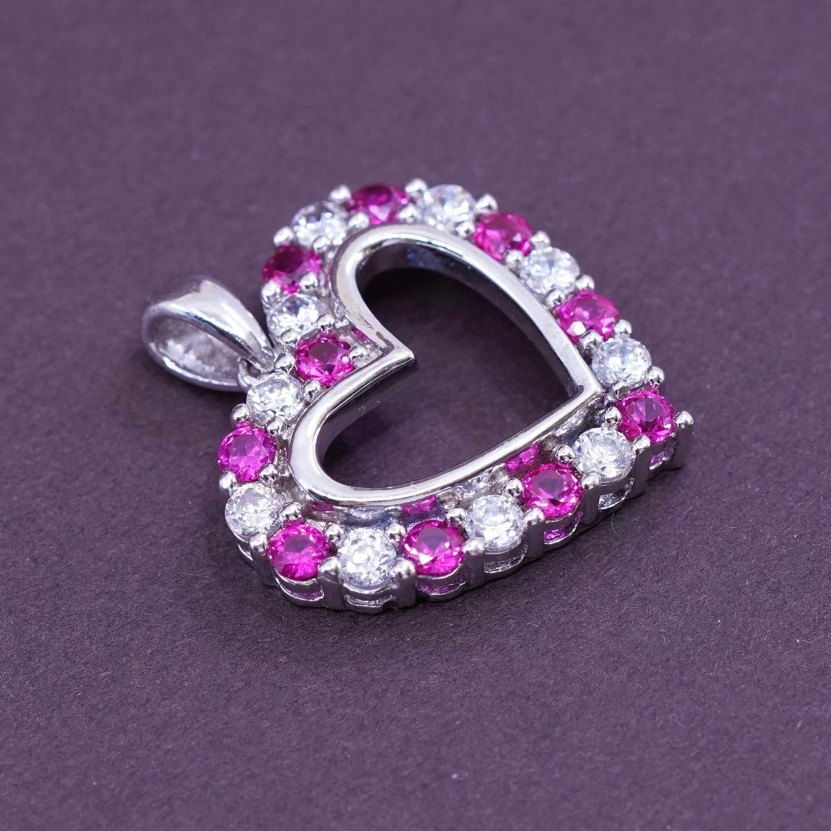 Vintage Sterling 925 silver heart shaped pendant with ruby and crystal