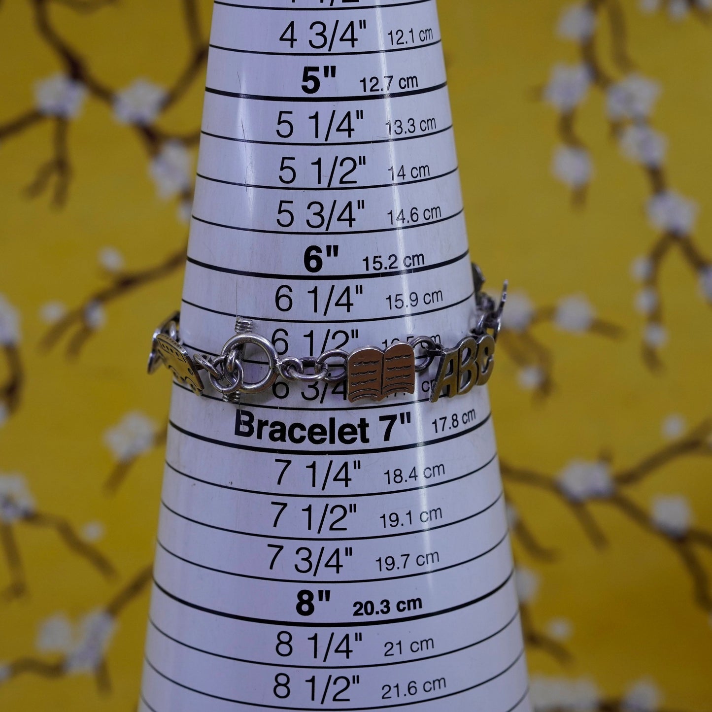 6.5”, Sterling 925 silver bracelet with book ABC Apple kids house 123 car