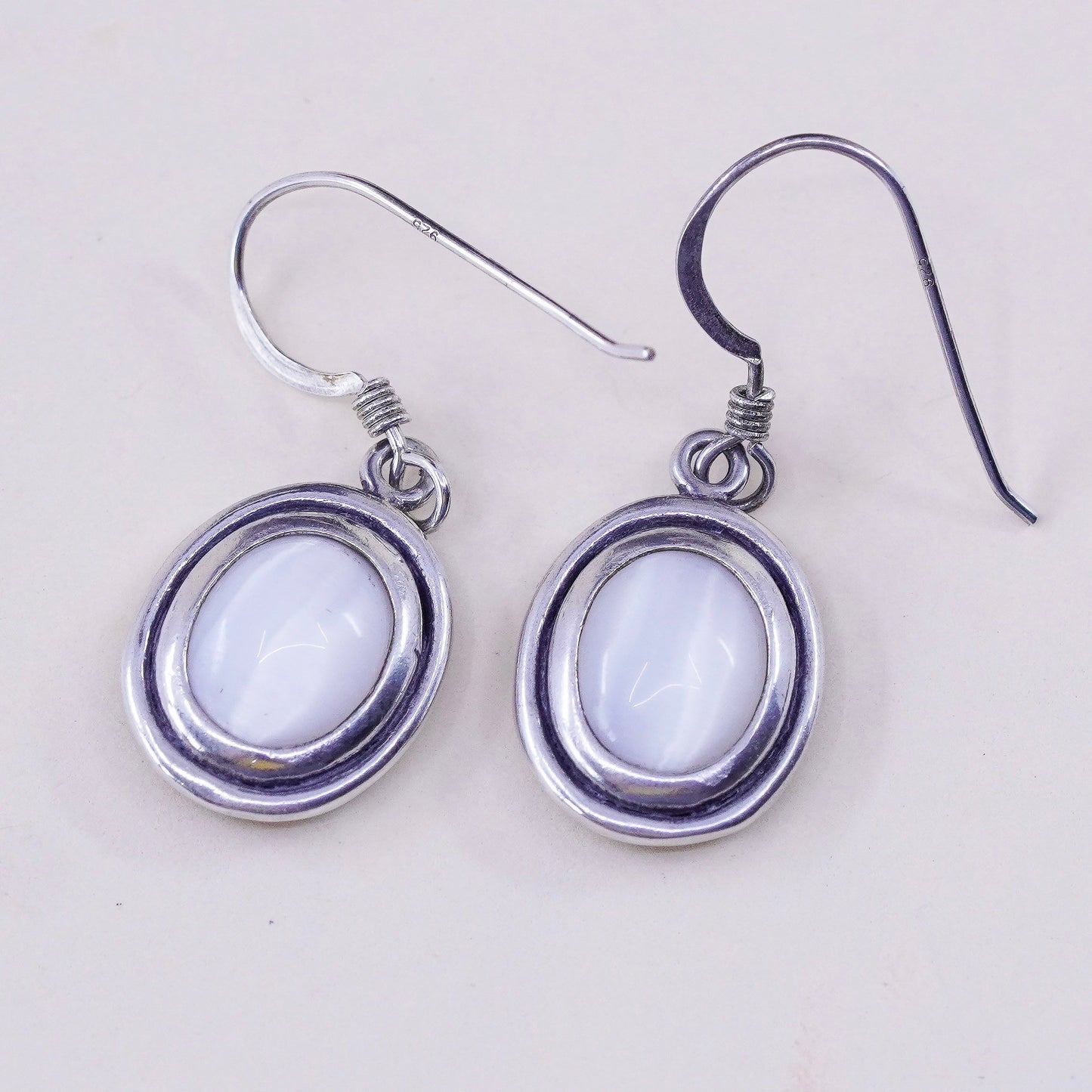 Vintage Sterling 925 silver handmade oval earrings with white tiger eye