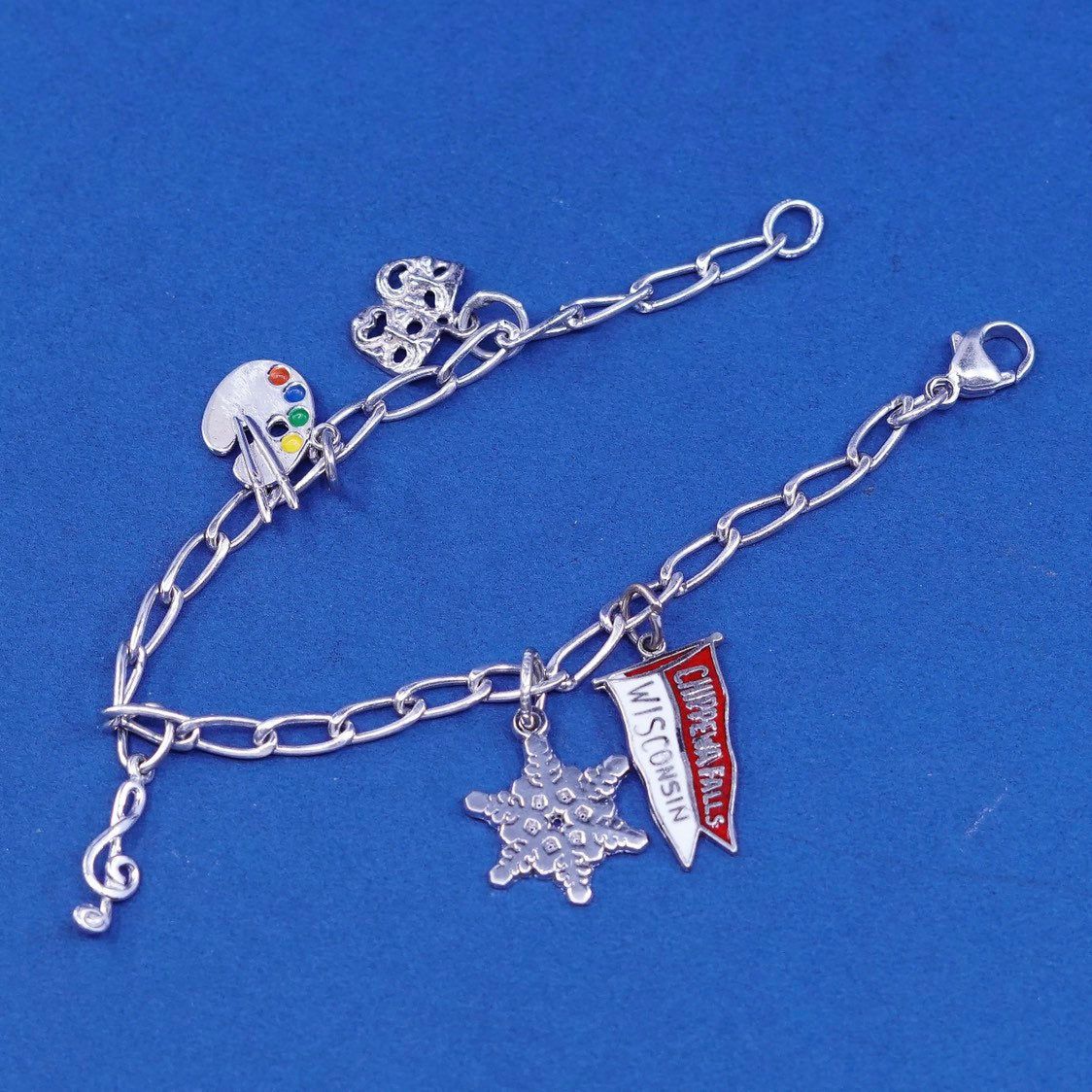6.5", vtg Sterling silver handmade bracelet, 925 elongated chain w/ 5 charms