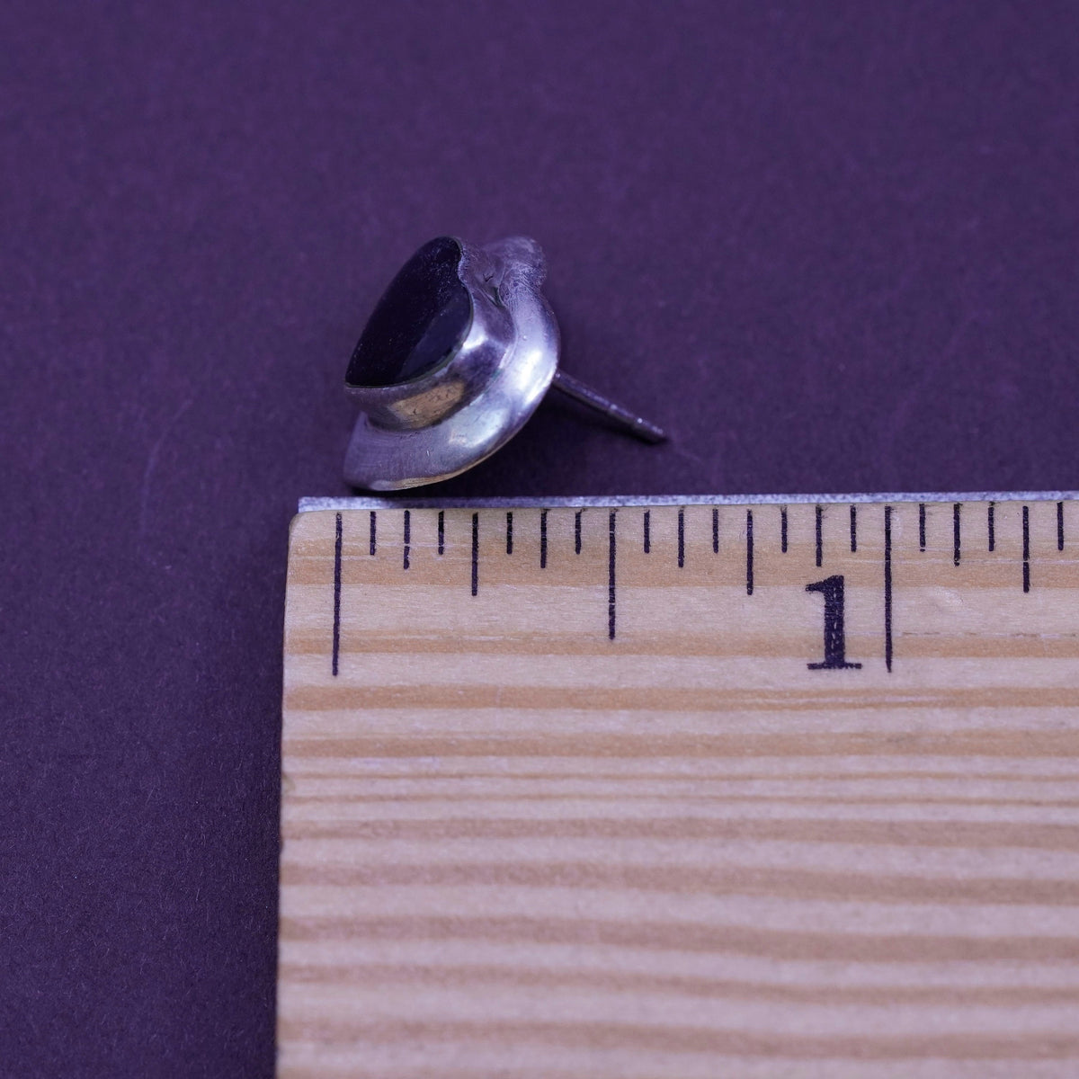 Vintage mexico Sterling silver handmade earrings, 925 heart studs with obsidian