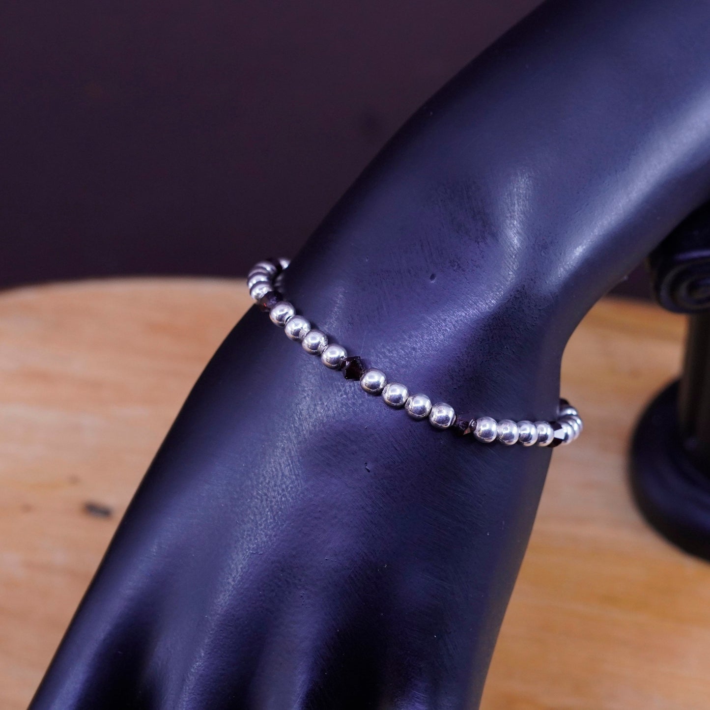 6+1”, vintage Sterling 925 silver beads bracelet with black crystal flower chem