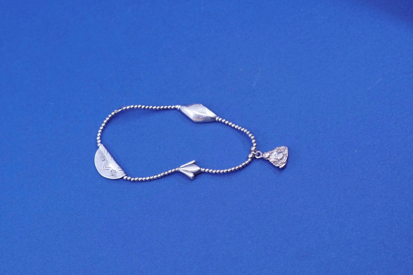 7”, vtg Sterling Silver Handmade Bracelet, 925 beads chain with Buddha charm