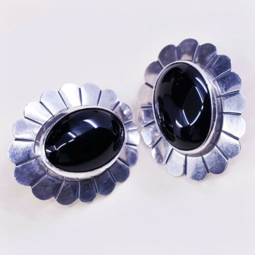 Navajo Southwestern Sterling Silver Handmade Earrings, 925 Studs W/ Obsidian