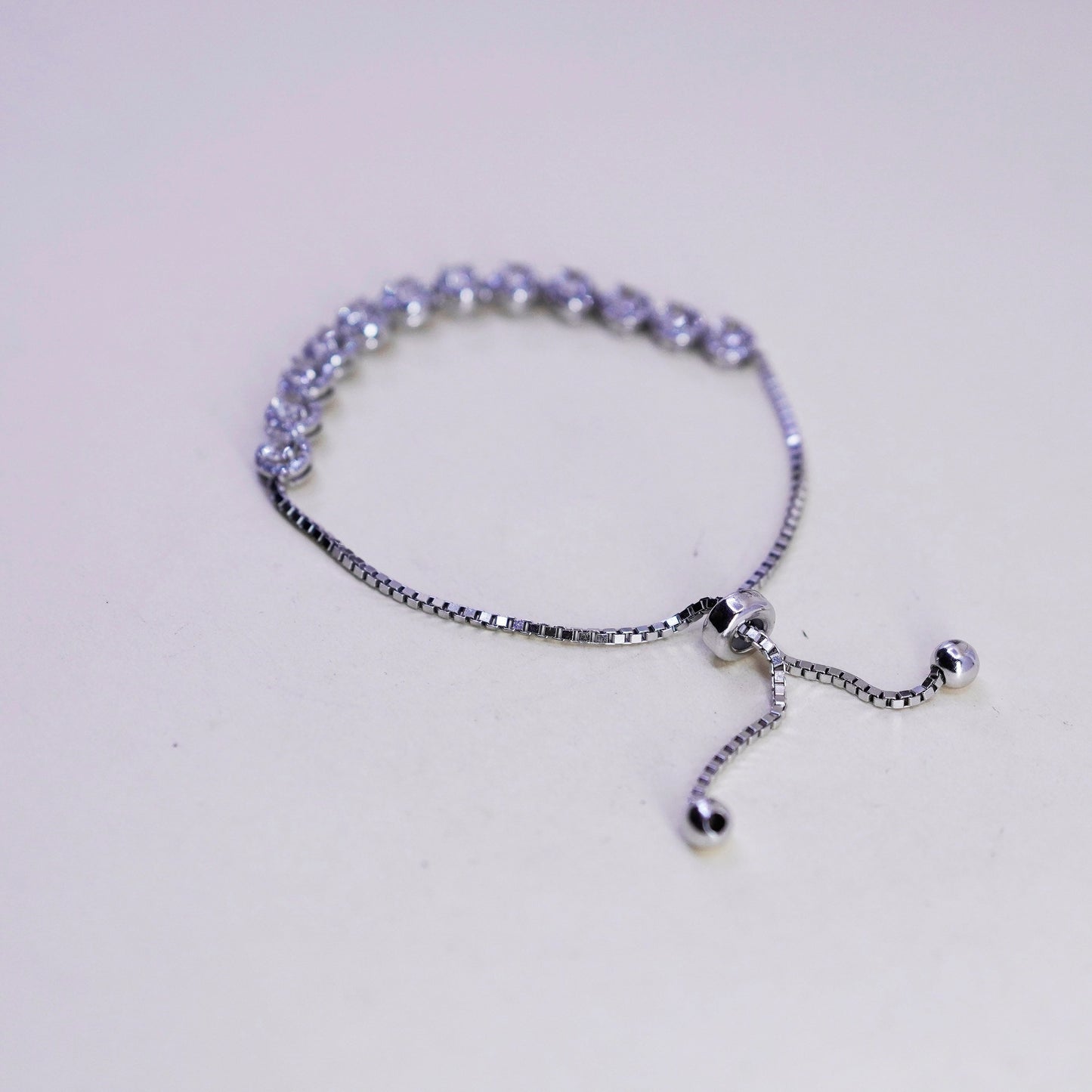Size adjustable, Vintage sterling silver bracelet, 925 box chain w/ cluster cz