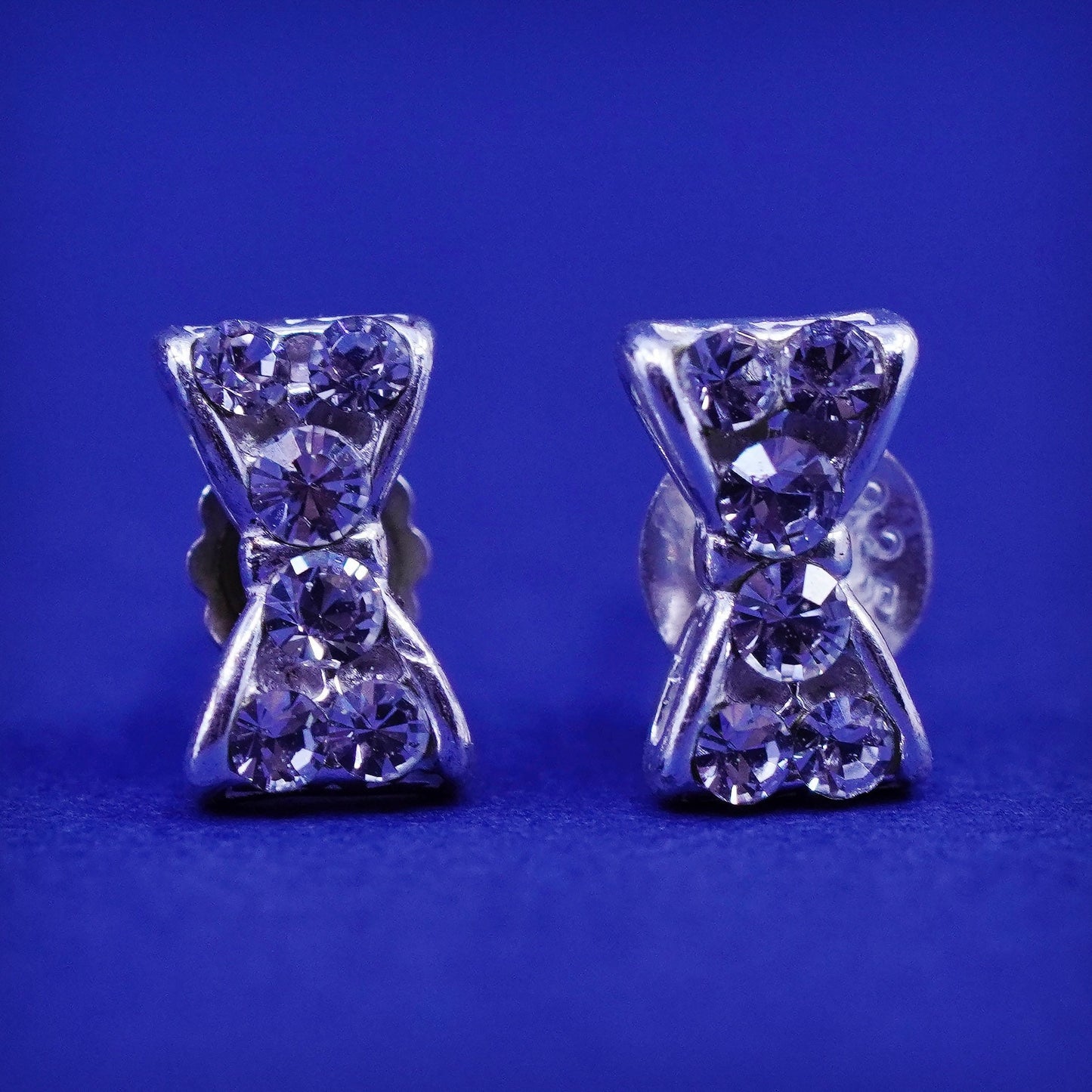 Vintage sterling silver handmade earrings, ribbon bow 925 studs with cluster CZ