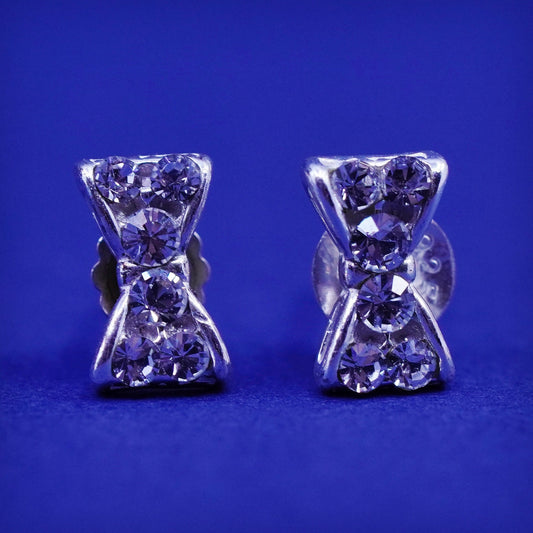 Vintage sterling silver handmade earrings, ribbon bow 925 studs with cluster CZ