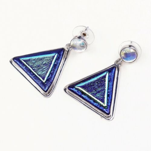 Vtg Modern handmade Sterling 925 Silver Earrings Triangular Green Foiled Glass
