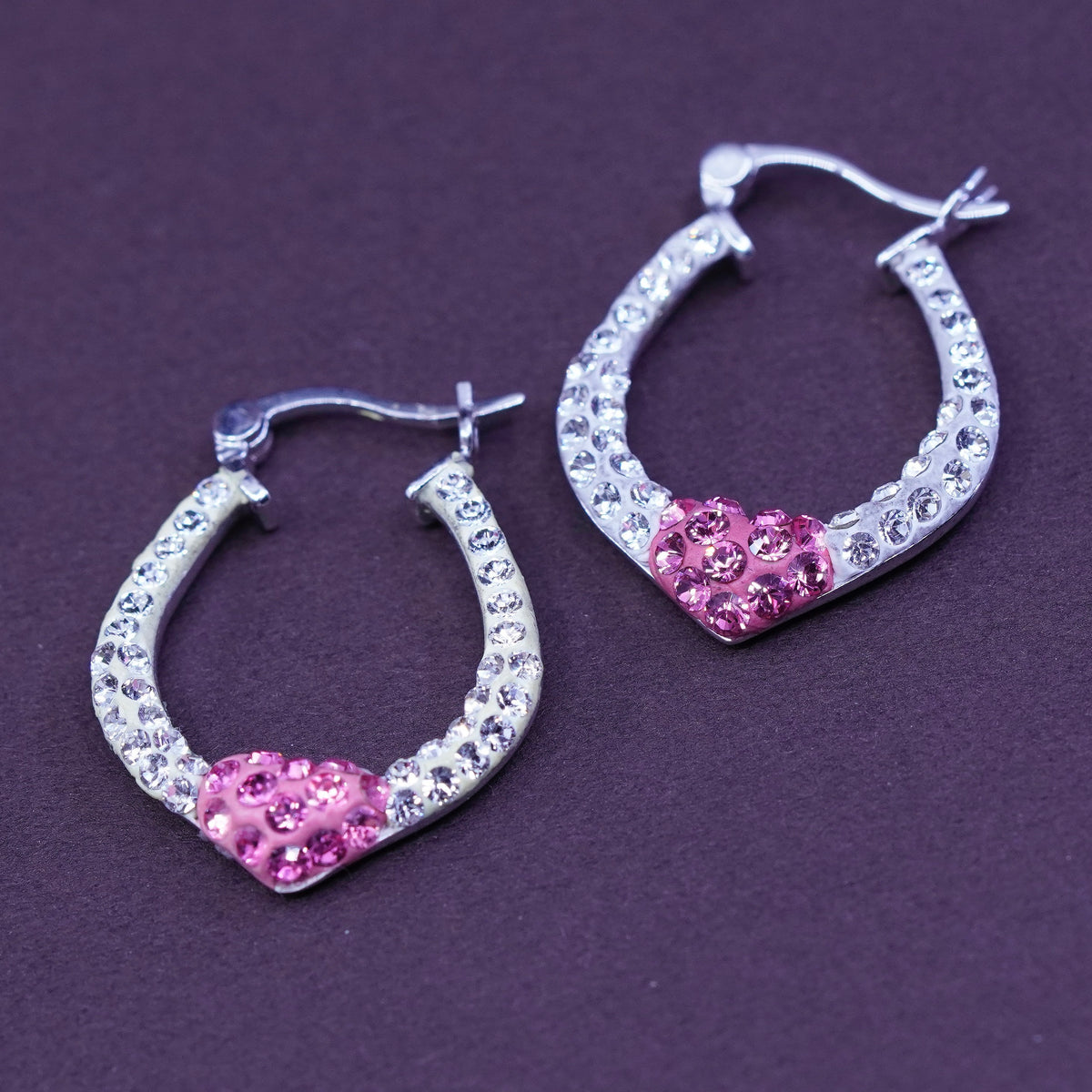 1”, AU Sterling silver handmade earrings, 925 heart hoops with cluster Crystal
