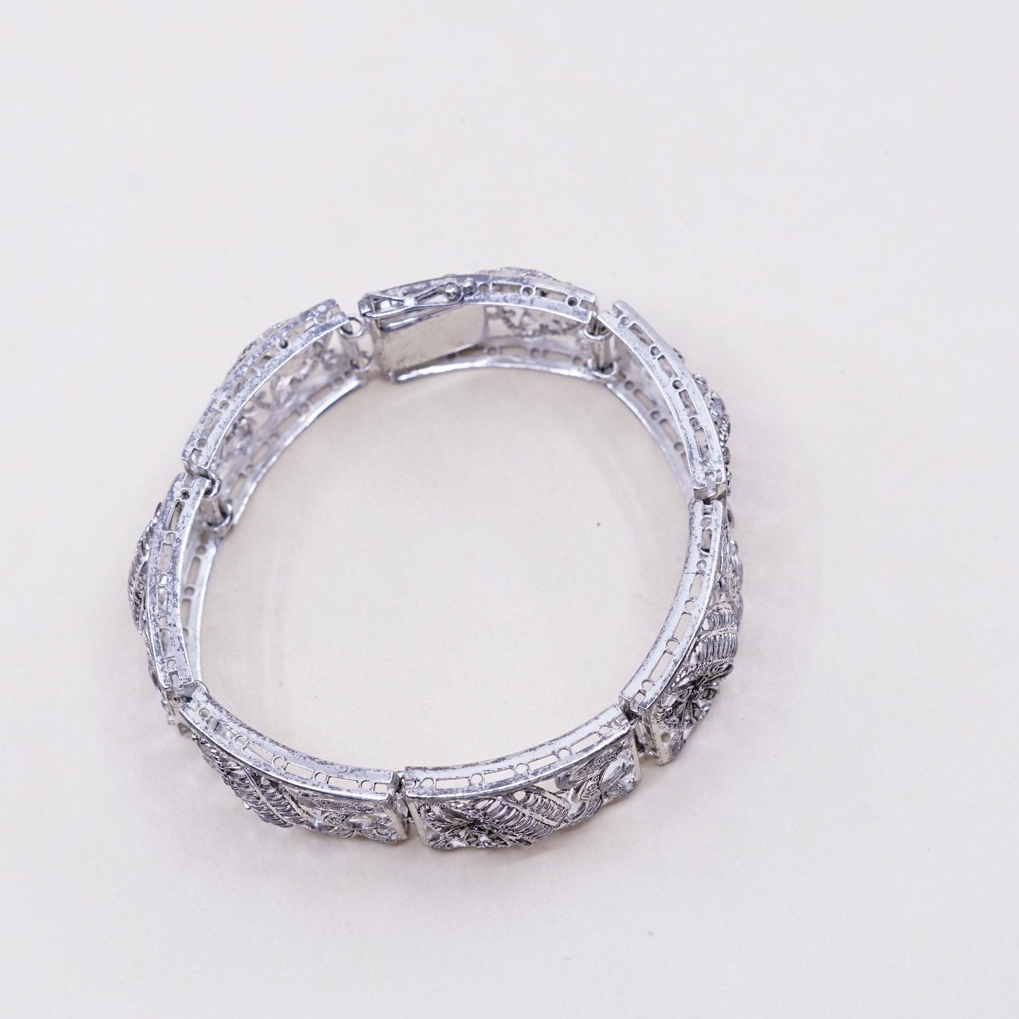 7”, vtg Sterling 800 Silver chain, tennis Bracelet w/ filigree marcasite flower