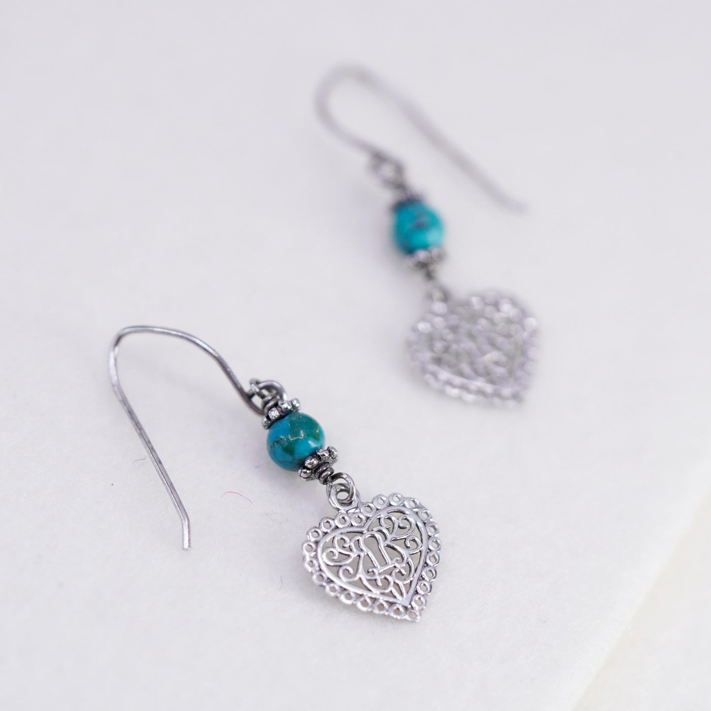 Vintage Sterling 925 silver handmade filigree heart earrings with turquoise