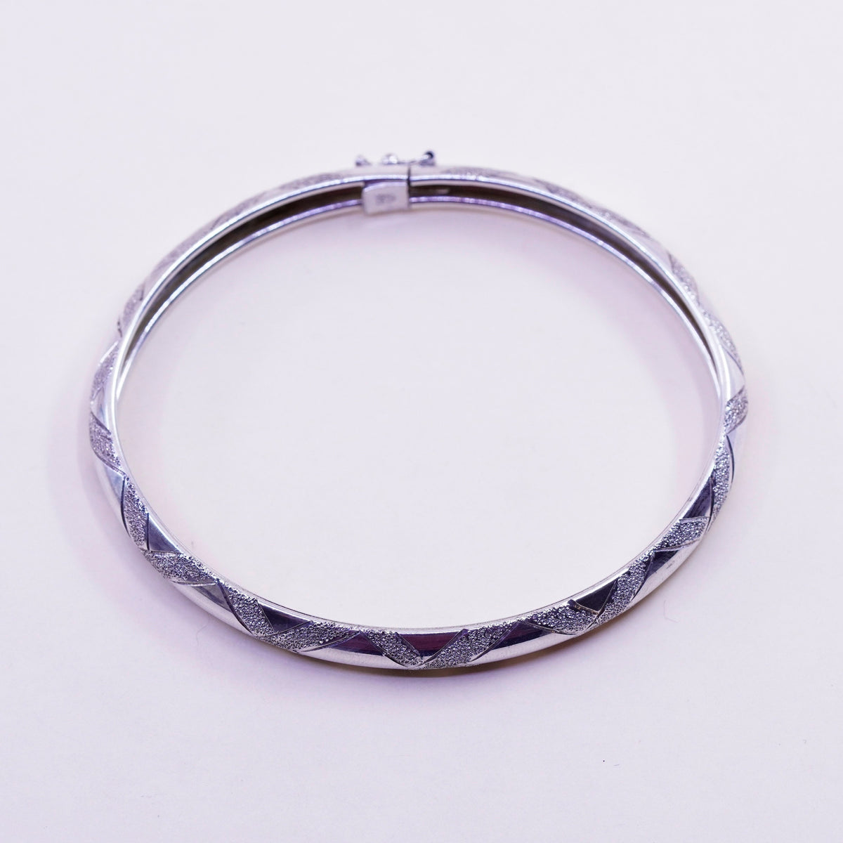 7.5”, vtg sterling silver handmade bracelet, cross textured 925 hinged bangle