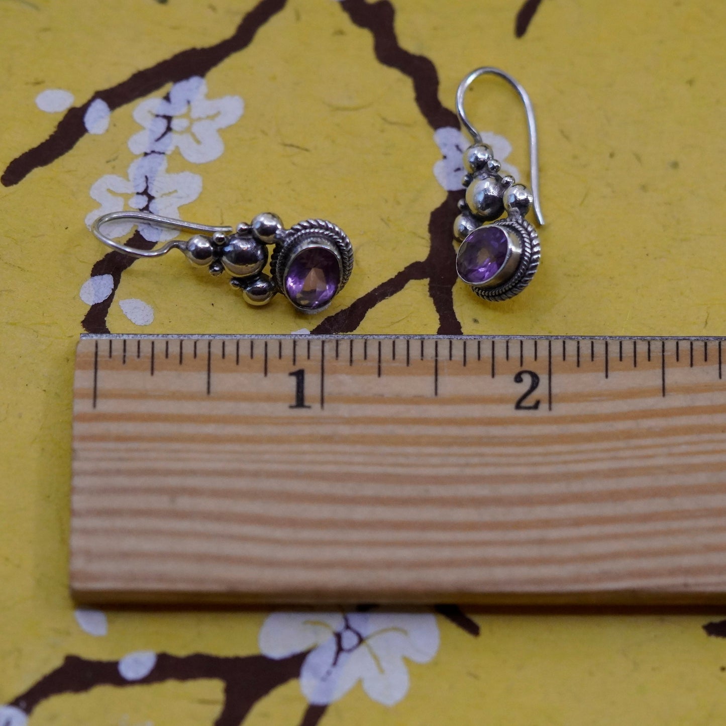 Vintage Sterling silver handmade earrings, 925 dangles with oval amethyst beads