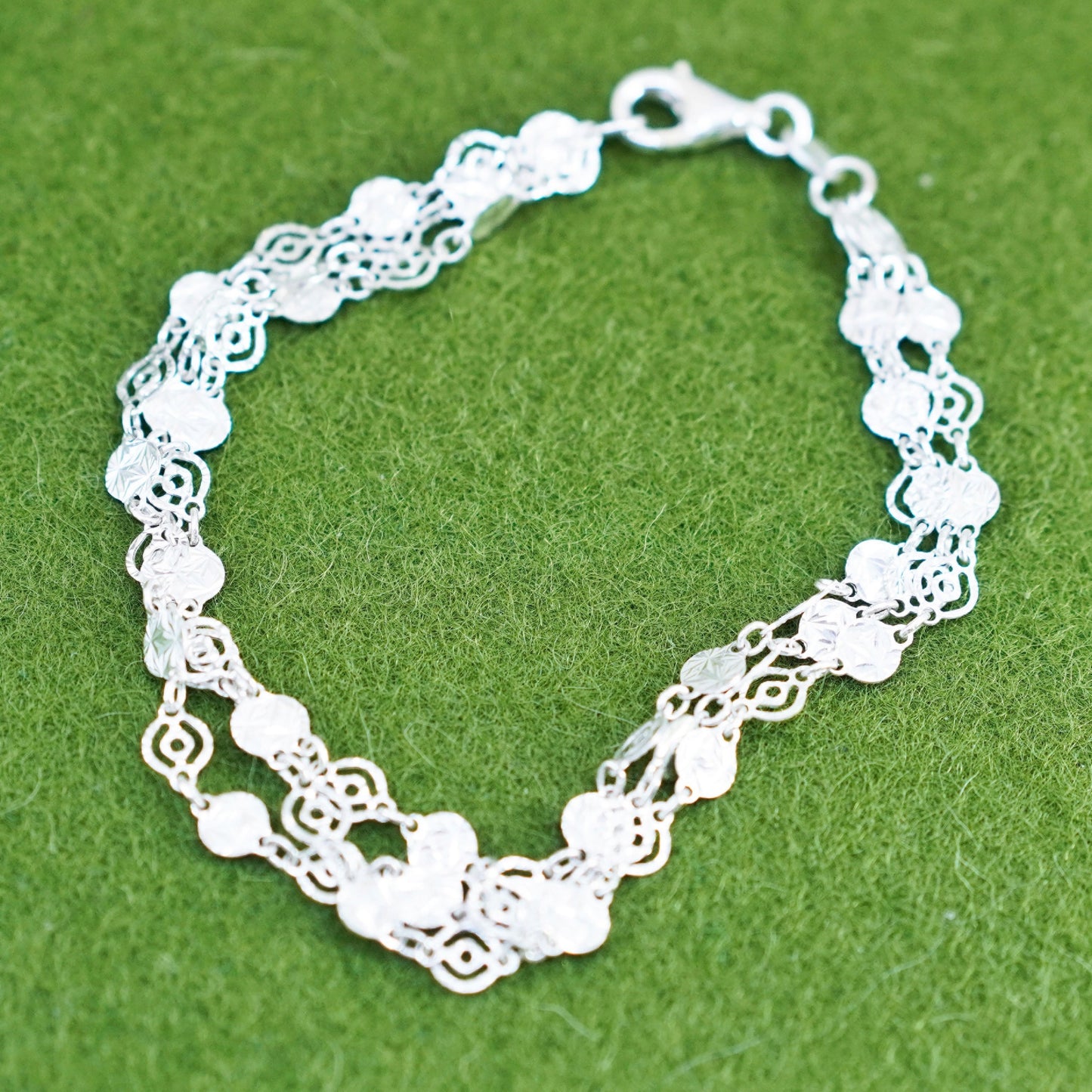 7”, Vintage multi strands sterling silver flatten circle bracelet, 925 chain